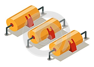 Oil gas platform isometric icon composition. Offshore mining element of depot petroleum products with drilling rig