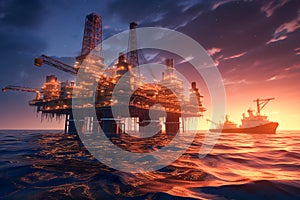 Oil and gas platform in the middle of the sea at sunset. Offshore jack up rig on the ocean in twilight. Generative A