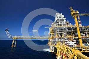 Oil and gas platform in offshore industry, Production process in petroleum industry, Construction plant of oil and gas industry.