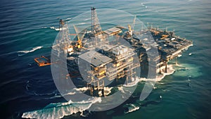 Oil and gas platform in the sea. Oil and gas industry. Aerial view of oil and gas platform in the sea. Oil and gas industry, AI