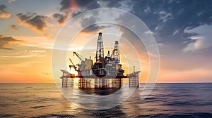 Oil and gas platform on the sea at sunset. Oil and gas industry.
