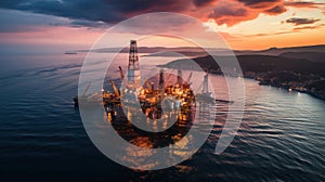 Oil and gas platform in the sea at sunset. Panoramic view. Generative AI