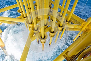 Oil and Gas Producing Slots at Offshore Platform, Oil and Gas Industry. Well head slot on the platform or rig