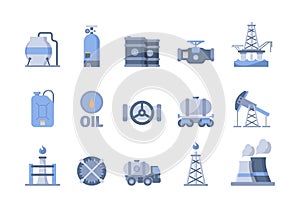 Oil and gas production icons. Nature exploration blue gas oil extraction refinery pipe factory and transporting tanks