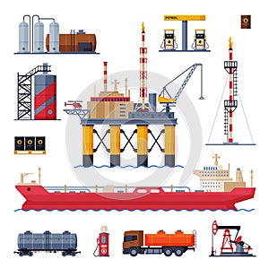 Oil and Gas Production, Processing and Transportation Set, Gasoline and Petroleum Industry Flat Style Vector