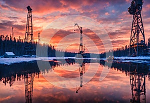 Oil and gas production rigs in the winter taiga at evening time