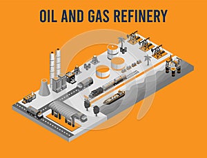 Oil and Gas refinery concept 3d isometric with offshore oil rig, tanker, Pump, Transportation, factory and gas station.