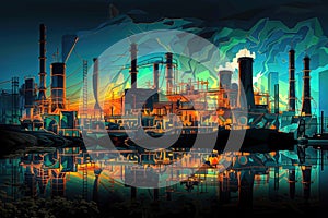 Oil and gas refinery. Industrial landscape. Refinery plant. Vector illustration, generative ai