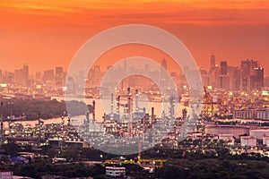 Oil gas refinery manufacturing industry plant in twilight scene in Bangkok city of Thailand., Business factory petrochemical or