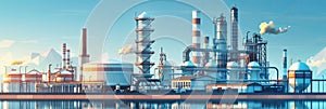 Oil and gas refinery with oil storage tanks and petrochemical plant infrastructure, banner illustration
