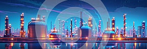 Oil and gas refinery with oil storage tanks and petrochemical plant infrastructure, banner illustration