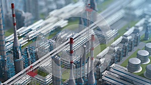 Oil and gas refinery plant factory, clear isometric view, defocus shot, industry petroleum zone, pipe steel and oil