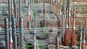Oil and gas refinery plant factory, orbit view, red orange, industry petroleum zone, pipe steel and oil storage tank