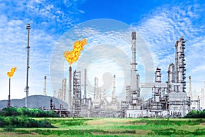 Oil and gas refinery plant with with flare stack on blue sky background