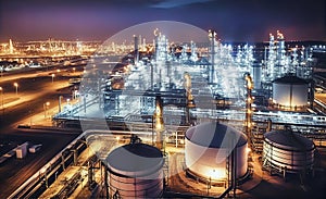 Oil and gas refinery plant industrial zone at night. Refinery factory oil storage tank. Industrial site and transportation