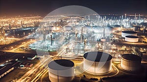 Oil and gas refinery plant industrial zone at night. Refinery factory oil storage tank. Industrial site and transportation