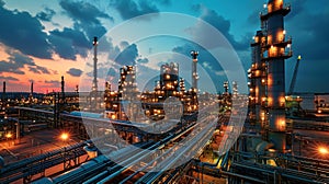 Oil and gas refinery plant or petrochemical industry, aerial view of factory after sunset. Scene of chemical petroleum industrial