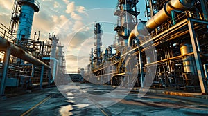 Oil and gas refinery plant or petrochemical industry, scenery of factory at sunset. Perspective view of chemical petroleum