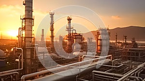 Oil and gas refinery plant or petrochemical industry on sky sunset background. Manufacturing of petrochemical industrial.