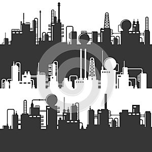 Oil and Gas Refinery Power Plant Silhouette. Vector Pattern Set