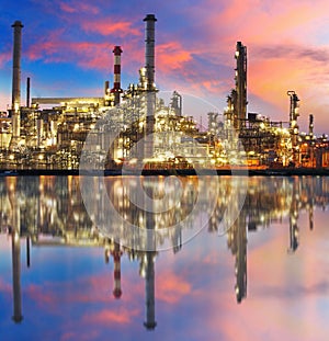 Oil gas refinery with reflection, factory, petrochemical plant