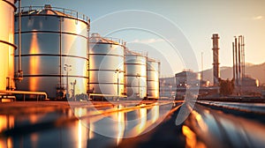 Oil and gas refinery storage tank. Industrial structures and giant tanks nearby.