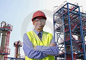 Oil and Gas Refinery Worker in Red Hardhat and Yellow Vest Looking At Camera