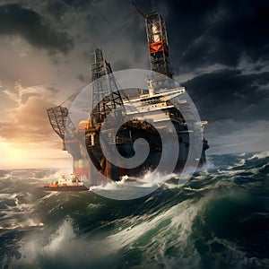 oil and gas rig in the storm Graphic illustration