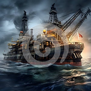 oil and gas rig in the storm Graphic illustration