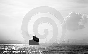 Oil and gas tanker ship in black and white