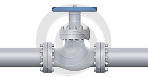 Oil, gas or water flowing through pipe. Pipeline construction with valve isolated. Industrial system. Vector illustration