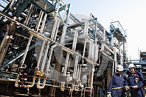 Oil and gas workers inside refinery