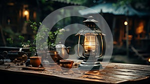 an oil glowing lamp on the wooden table image