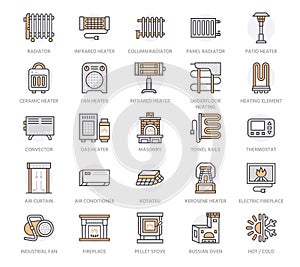 Oil heater, fireplace, convector, panel column radiator and other heating appliances line icons. Home warming thin