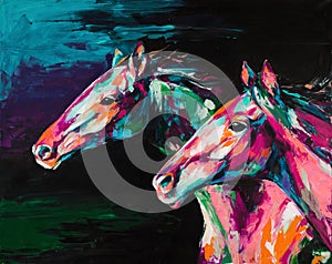 Oil horse portrait painting in multicolored tones. Conceptual abstract painting of a horses.