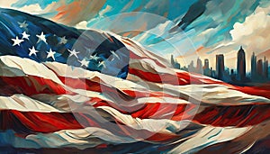 Oil illustration of national American silk fabric flag, dark city and sky on background. Symbol of the United States of America