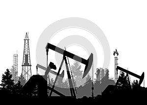 Oil industry banner, silhouette of pumpjack and refinery plant, overground drive for a reciprocating piston pump in an oil well photo