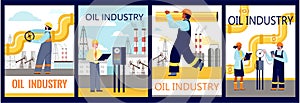 Oil industry banners set with pipeline workers, flat vector illustration.