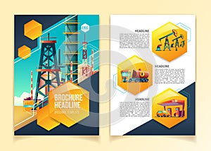 Oil industry brochure template vector illustration for oil refinery, gas producing company or petroleum refining plant