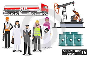 Oil industry concept. Detailed illustration of gasoline truck, oil pump, arab muslim businessman and businesswoman in