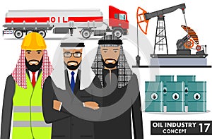 Oil industry concept. Detailed illustration of gasoline truck, oil pump, barrels and arab muslim businessman in flat