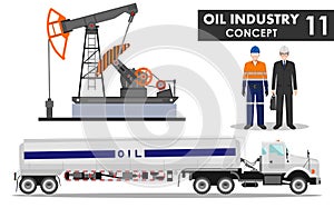 Oil industry concept. Detailed illustration of gasoline truck, oil pump, businessman, engineer and worker in flat style