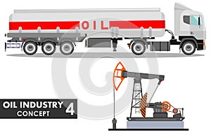 Oil industry concept. Detailed illustration of gasoline truck and oil pump in flat style on white background. Vector