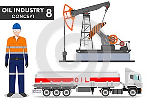 Oil industry concept. Detailed illustration of gasoline truck, oil pump and worker in flat style on white background. Vector illus