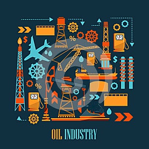 Oil industry concept with fuel transportation process. Oil refinery or chemical plant. Vector illustration