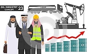 Oil industry concept. Illustration of arab muslim businessman, engineer and silhouette gasoline truck, oil pump in flat style. Pet