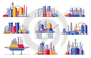 Oil industry constructions set. Petrochemical industrial buildings oil refinery factory icons, coal mining processing