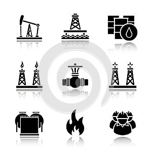 Oil industry drop shadow black icons set