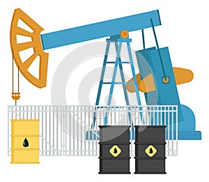 Oil industry equipment, Pumpjack and oil barrels, Overground drive for a reciprocating piston pump