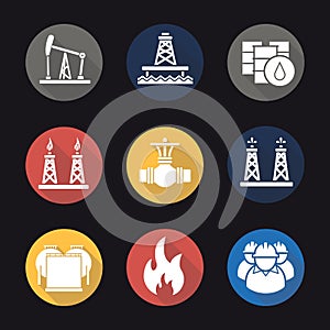 Oil industry flat design long shadow icons set